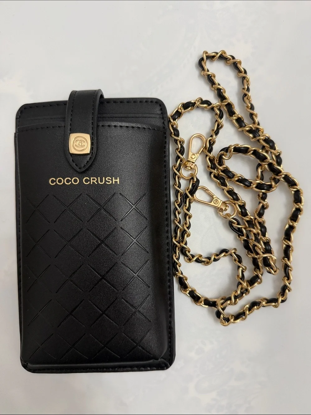 CHANEL Black Coco Crush Phone Case with Gold Chain